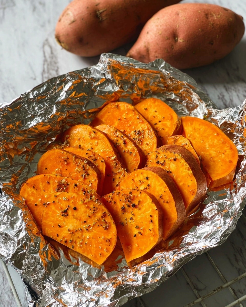 The image shows several thick orange slices of sweet potato placed on crinkled silver foil, sprinkled with black seasoning. The foil is laid flat and slightly folded upwards around the edges, containing the sweet potato slices comfortably. In the background, two whole orange sweet potatoes rest on a white marbled surface. The bright orange of the sliced sweet potato stands out against the shiny texture of the foil and the plain white marbled background. Photo taken with an iphone --ar 4:5 --v 7