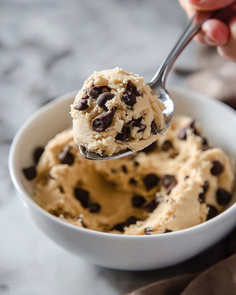 A silver spoon holds a thick scoop of light beige cookie dough with large dark brown chocolate chips embedded in it. The spoon is lifted above a white bowl filled with the same cookie dough and chocolate chips, showing a soft, slightly crumbly texture. The background is a white marbled surface, and a woman's hand is holding the spoon from the right side of the image. Photo taken with an iphone --ar 4:5 --v 7