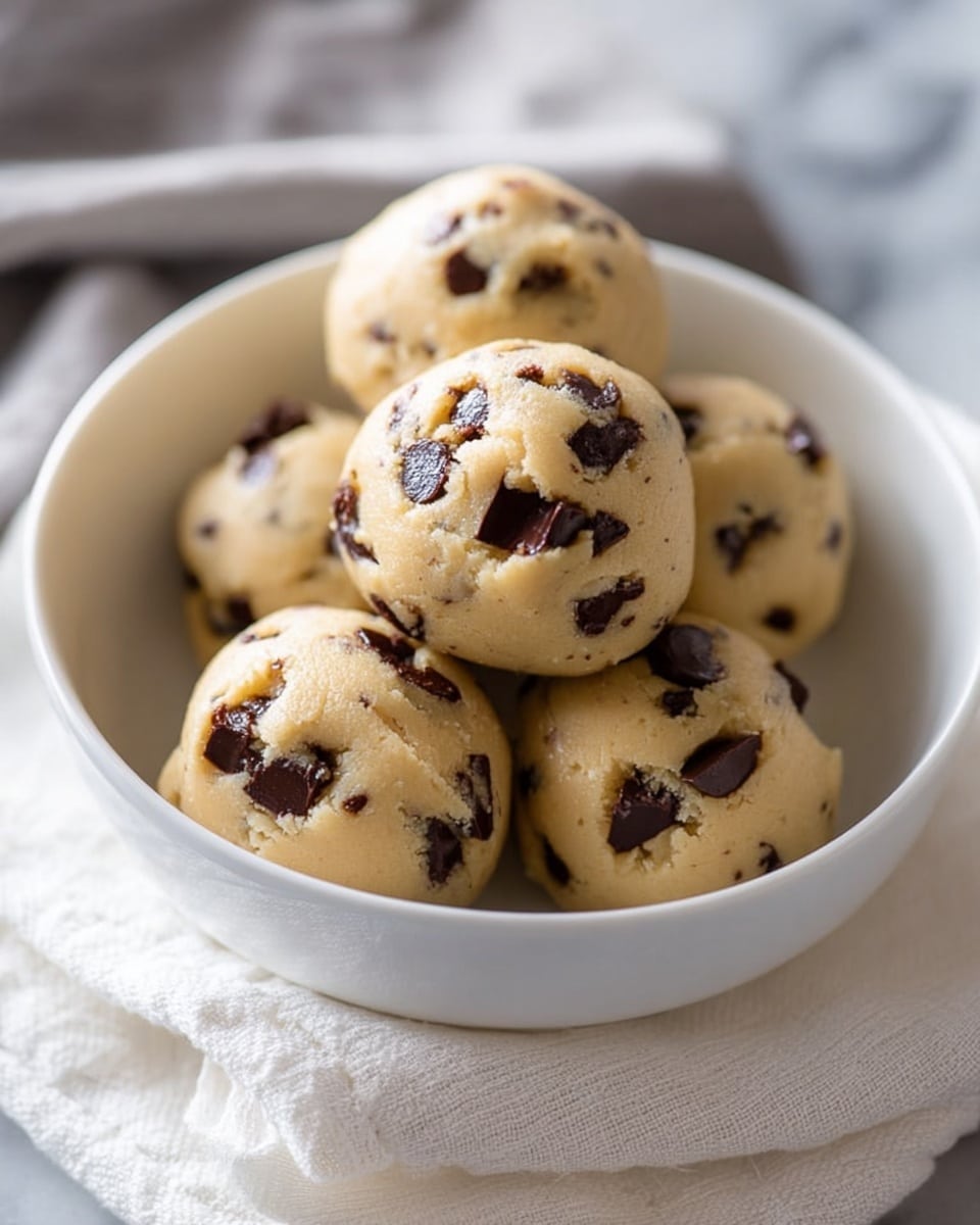 Four small clear glass jars are placed side by side on a white marbled surface, each filled with different types of cookie dough. The first jar on the left is filled with dark brown chocolate dough with a rough texture, and a round scoop of the dough sits on top. The second jar contains light brown dough with dark chocolate chips, filled halfway with dough chunks and topped with several small, round dough balls. The third jar holds a medium brown dough with chocolate pieces, filled with rough dough clumps and two round scoops stacked on top. The fourth jar contains pale dough mixed with colorful sprinkles, filled with a crumbly texture and topped with small round dough balls, with a few balls and sprinkles spilled on the surface in front. Small pieces of chocolate chips, peanut butter cups, and colorful sprinkles are scattered around the jars. Photo taken with an iphone --ar 4:5 --v 7