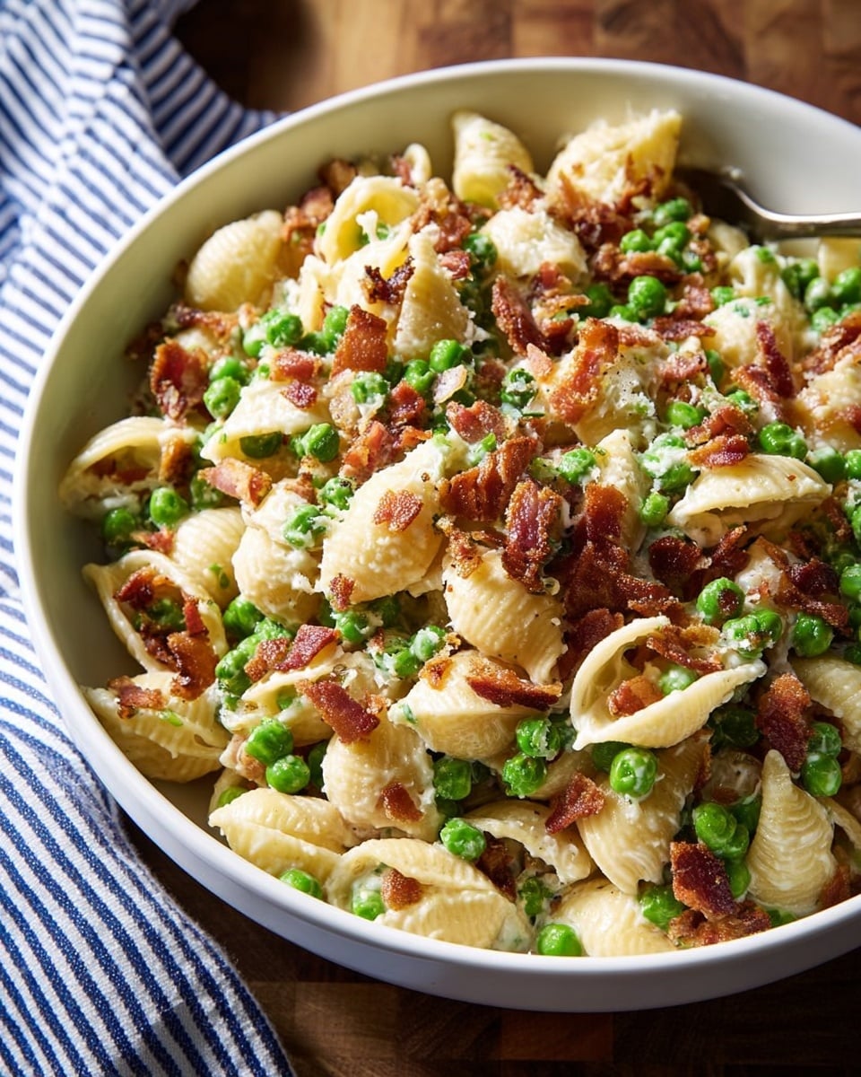 A white bowl is filled with three main layers: small shell pasta with a light creamy beige color and smooth texture forms the base; bright green peas are mixed evenly throughout, adding pops of color and round shapes; crispy brown bacon bits are scattered on top and in between, providing a crunchy texture and warm color contrast. The creamy sauce lightly coats the pasta and peas, giving a slightly shiny look. The bowl sits on a wooden surface with a blue and white striped cloth partially visible in the background. photo taken with an iphone --ar 4:5 --v 7