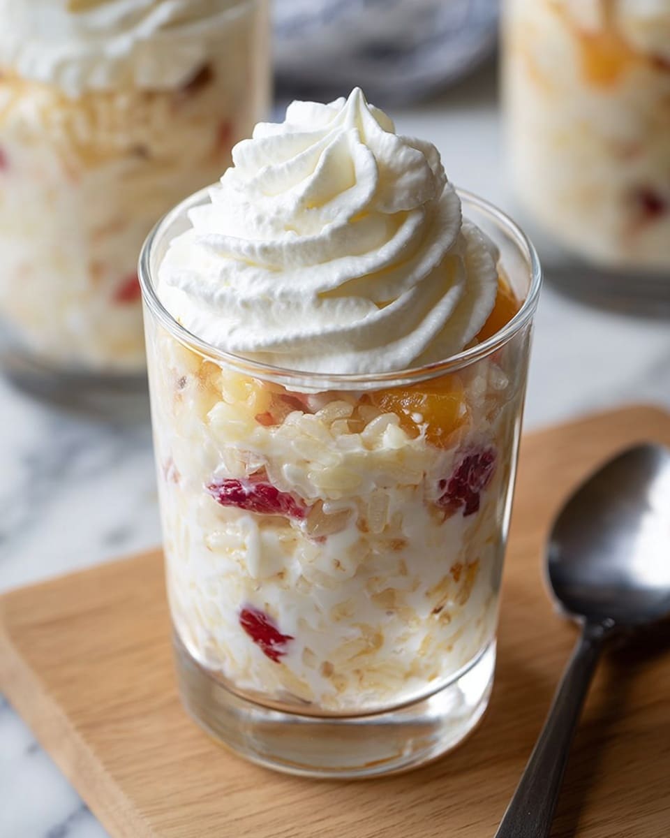 The image shows a clear glass bowl filled with a creamy white dessert that has small red and orange fruit pieces mixed inside. The dessert is textured with small tapioca-like pearls and looks fluffy. On top, there are thick swirls of whipped cream arranged evenly around the edge. The bowl is set on a white marbled surface with a blue and white striped cloth nearby. Photo taken with an iphone --ar 4:5 --v 7