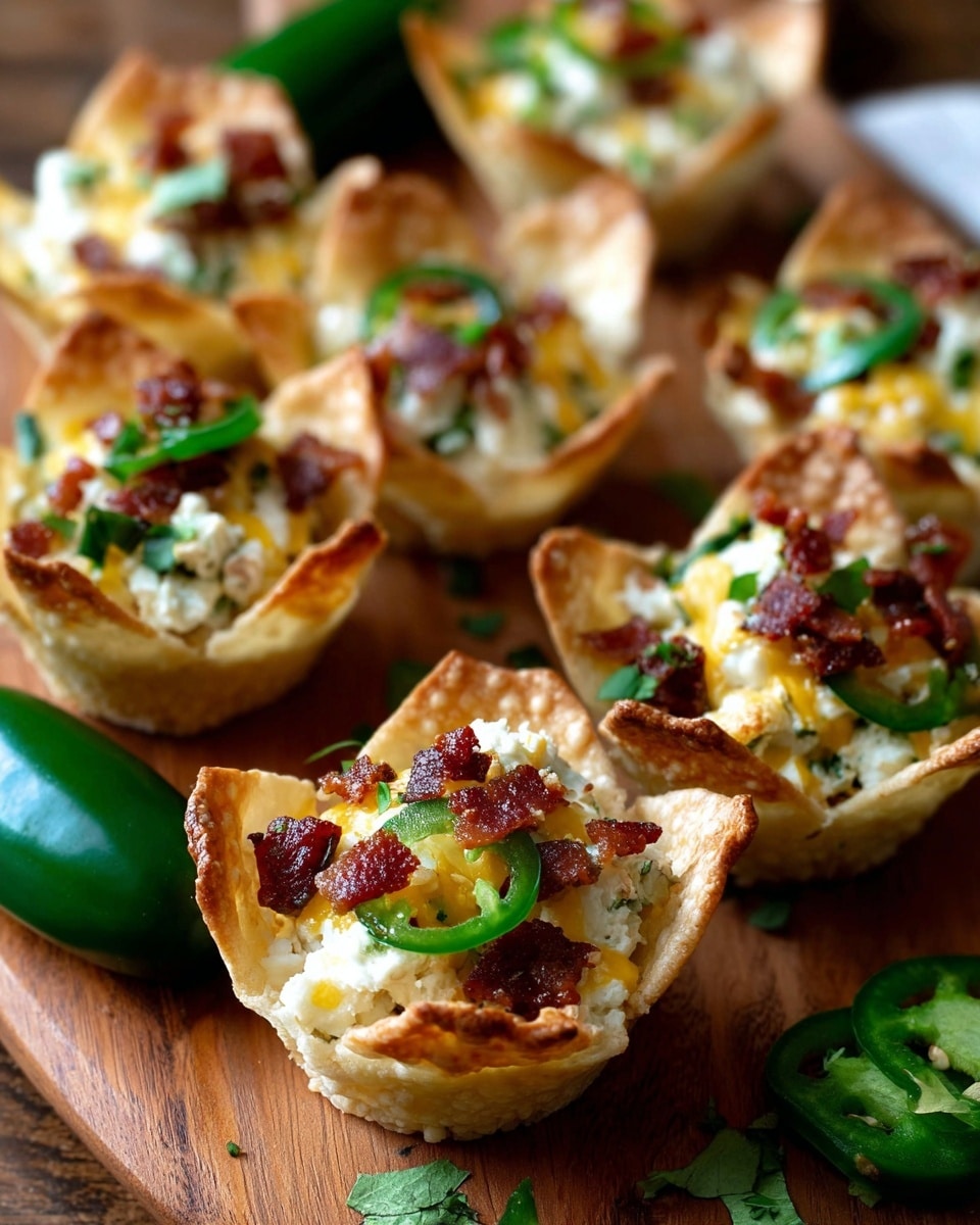 The image shows a close-up of a crispy, golden-brown cup made of thin pastry, filled with creamy white cheese mixed with small orange pieces, green jalapeno slices, and topped with crispy bits of reddish-brown bacon. One cup, which has a bite taken out of it, is in the foreground, showing the soft, creamy cheese inside contrasting with the crunchy outer shell. More filled cups and two green jalapenos are blurred in the background, all set on a white marbled surface. photo taken with an iphone --ar 4:5 --v 7