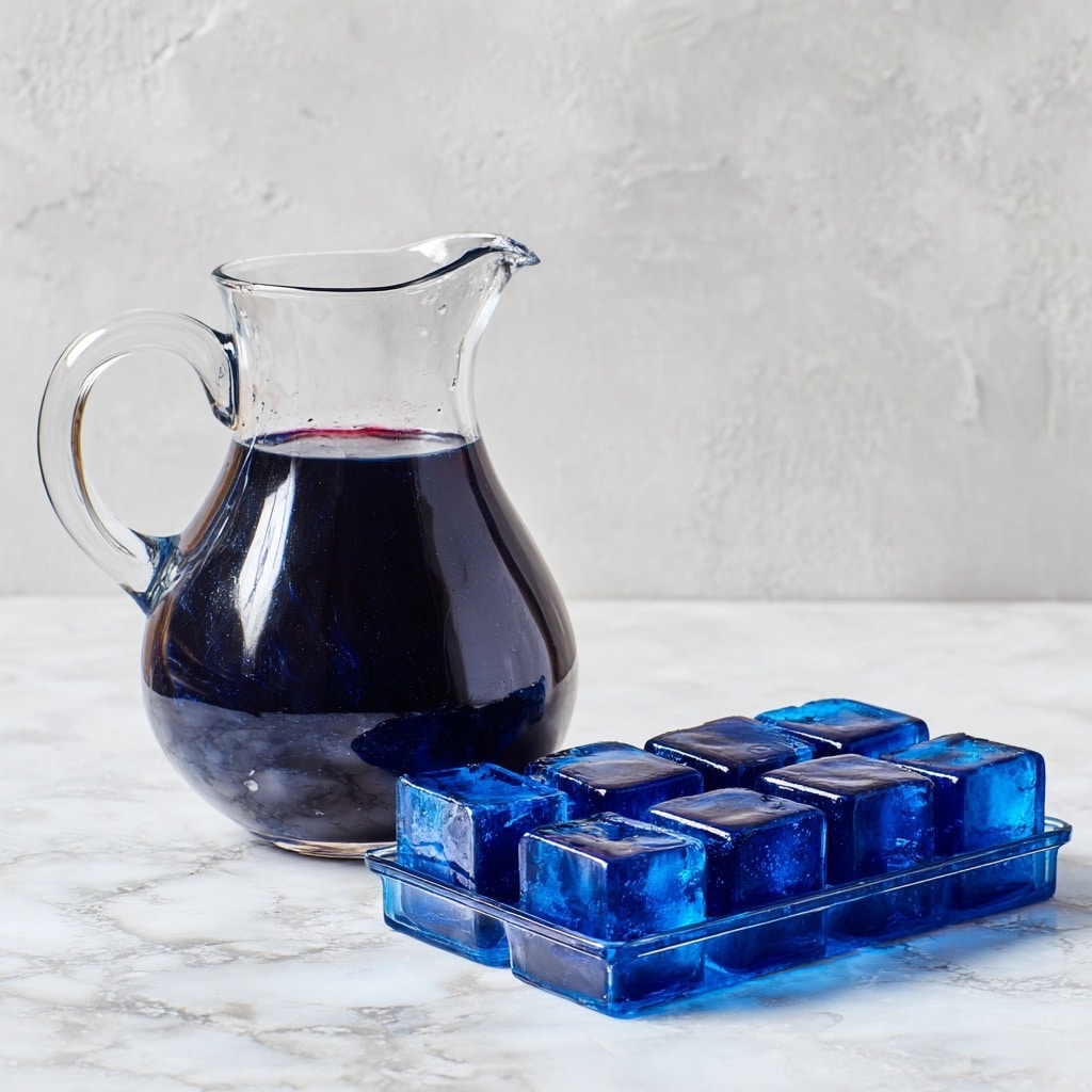 A clear glass pitcher filled halfway with dark blue liquid stands on a white marbled surface next to a blue ice cube tray filled with the same dark blue liquid. The pitcher has a smooth, curved shape with a small spout at the top and a clear handle inside. The ice cube tray is rectangular, containing multiple small square compartments all filled with the blue liquid. The background is a simple light gray textured wall. Photo taken with an iphone --ar 4:5 --v 7