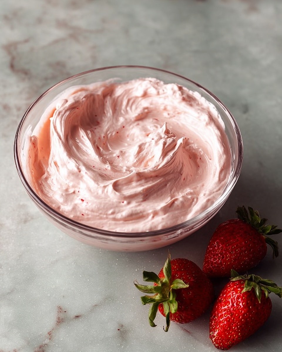 A clear glass bowl filled with smooth, light pink whipped cream-like mixture with soft swirls and peaks, placed on a white marbled surface. The mixture has tiny dark specks throughout, indicating fine ingredients mixed in. Next to the bowl, on the surface, are three fresh red strawberries with green leaves still attached, adding a natural, fresh contrast to the creamy texture in the bowl. photo taken with an iphone --ar 4:5 --v 7