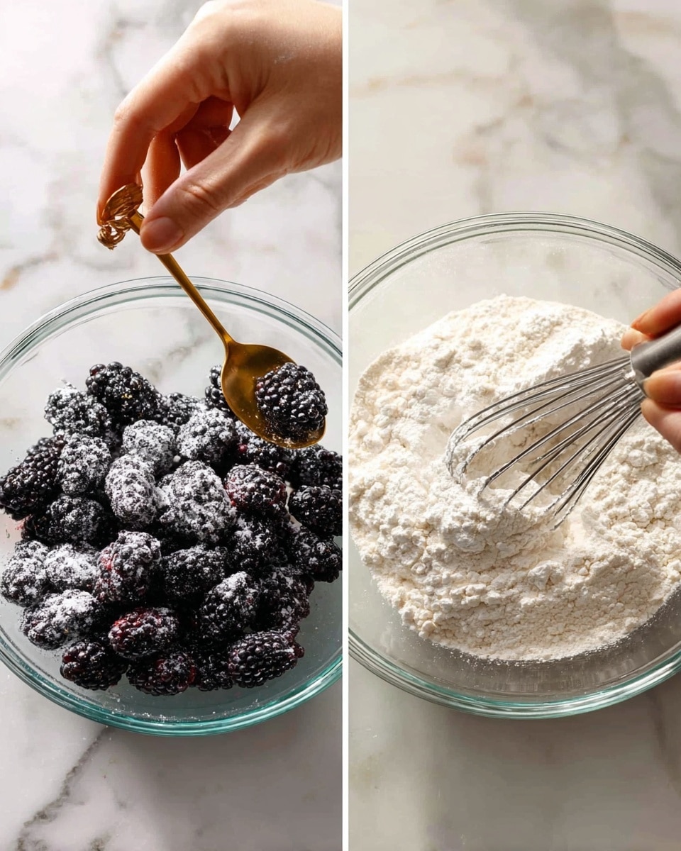 A square white baking dish holds a golden brown baked dessert with a slightly uneven top layer showing a soft, spongy texture and a crispy edge around the sides. Dark purple blackberries are spread throughout the top baked layer, some sunk slightly into the dessert, creating purple spots with juicy textures. The baking dish is set on a white marbled surface with a soft pink cloth underneath part of it. A gold spoon lies next to the dish, and a small glass vase with bright pink flowers is in the background. photo taken with an iphone --ar 4:5 --v 7