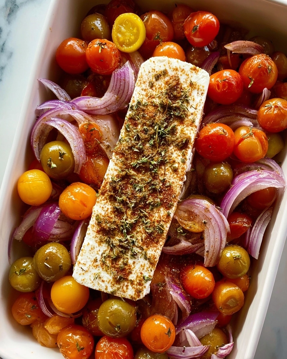 A white rectangular dish filled with three layers: the bottom layer has thinly sliced purple and white onions scattered evenly, the middle layer is a mix of small cherry tomatoes in red, orange, yellow, and green colors spread all around, and the top layer has one solid block of soft white cheese placed in the center, sprinkled with brown spices. The tomatoes and onions appear fresh and shiny, and the spices are lightly dusted over everything. The dish sits on a white marbled surface. photo taken with an iphone --ar 4:5 --v 7