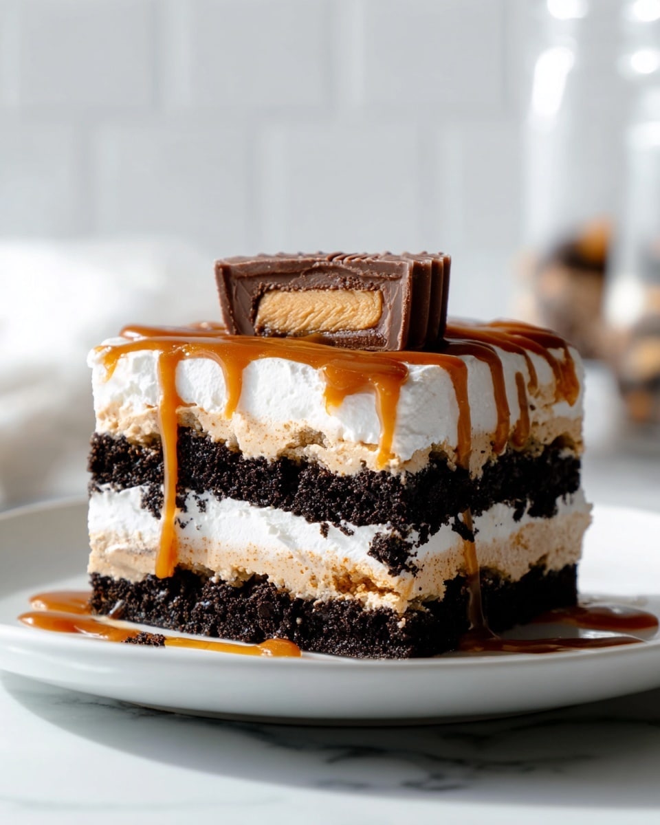 A square dessert with five visible layers is shown on a white plate over a white marbled surface. The bottom layers alternate between dark chocolate cookie layers with white cream filling and light tan creamy layers, stacked three times. On top of these layers is a thick, fluffy white layer, drizzled with light brown caramel sauce. The dessert is topped with a half piece of chocolate peanut butter cup, revealing a light peanut butter filling inside, placed slightly off center. The background is bright and blurry, enhancing the focus on the dessert. Photo taken with an iphone --ar 4:5 --v 7