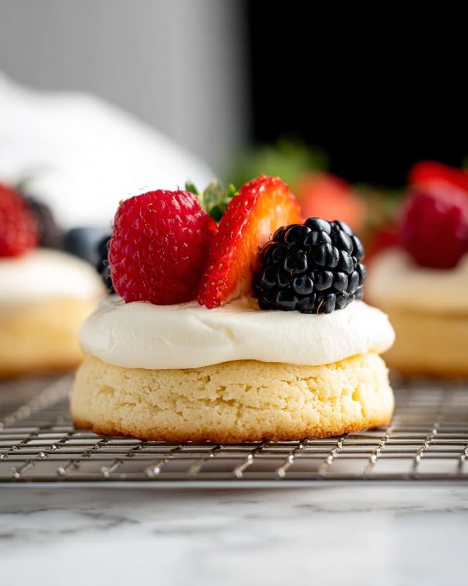 A round cookie with a rough, light beige base layer topped by a smooth, thick white cream spread evenly on top. On the cream layer, there are small colorful fruit pieces: three bright yellow mango cubes, two green kiwi slices with dark seeds arranged in a fan shape, and three orange papaya cubes, all close together near the center of the cookie. The cookies are placed on a white marbled surface with other similar cookies partially visible in the background. photo taken with an iphone --ar 4:5 --v 7