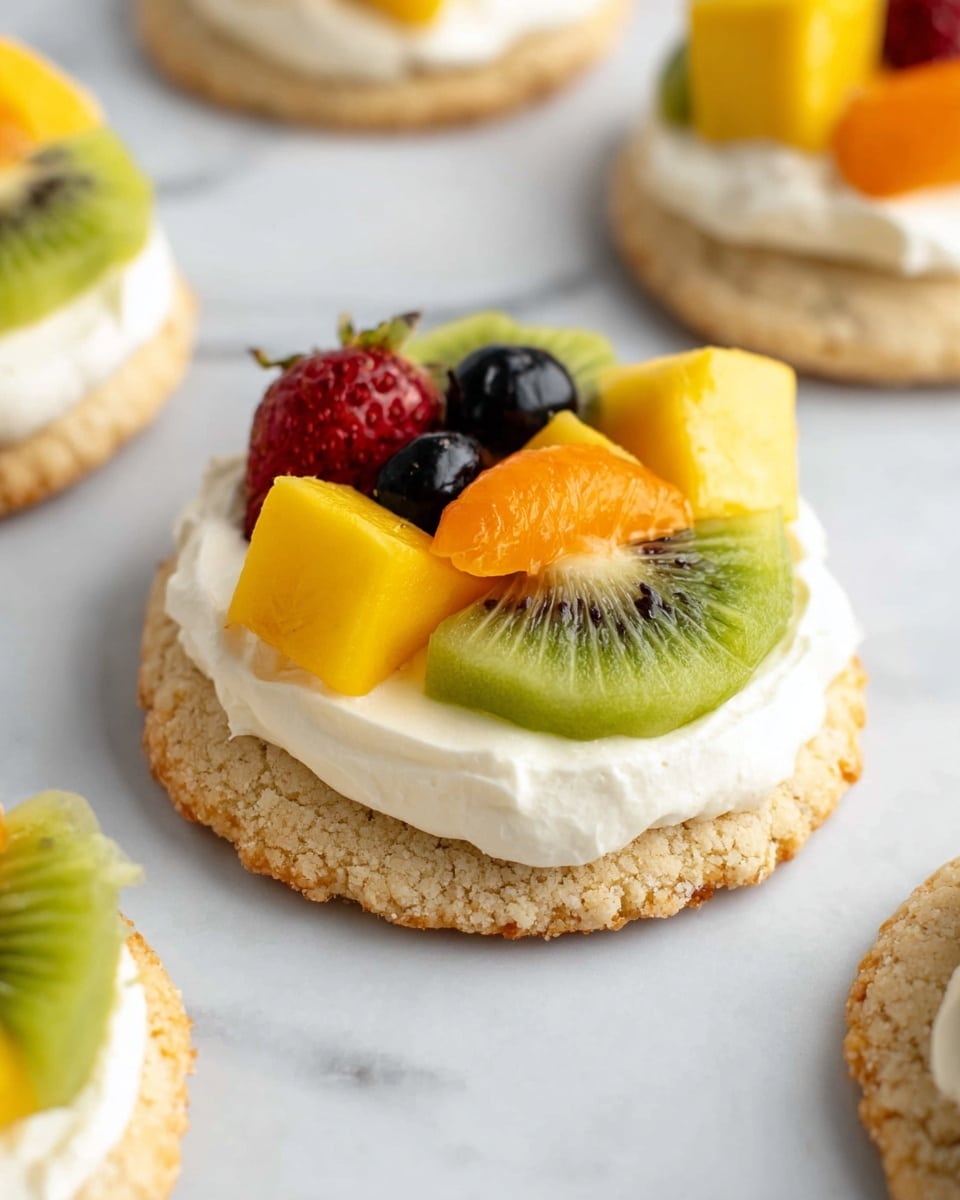 On a silver wire rack placed on a white marbled surface, there are six round sugar cookies, each topped with a smooth white cream layer. On top of the cream, colorful fresh fruits are arranged in small clusters: bright green kiwi slices, orange-yellow mango pieces, light orange papaya chunks, red strawberry halves, deep red raspberries, black blackberries, and dark blue blueberries. To the top right corner on the same white marbled surface, a white bowl is partially visible, filled with a mix of the same fresh fruits resting on a soft pale pink cloth. The overall look is fresh, clean, and vibrant with a balanced mix of colors and textures. photo taken with an iphone --ar 4:5 --v 7