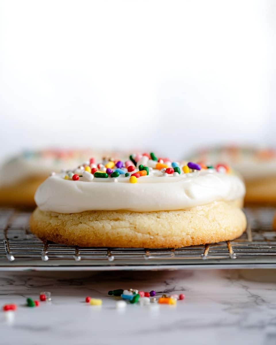 The image shows several round sugar cookies arranged on a white marbled surface. Each cookie has two clear layers: the bottom layer is a soft, light beige cookie with a slightly rough texture, and the top layer is smooth white icing spread evenly over the cookie. On the icing, there is a thick covering of small, round, colorful sprinkles in red, purple, green, blue, yellow, orange, white, and pink that create a vibrant, playful pattern. The cookies are spaced apart with partial views of some on the edges. The overall look is bright, festive, and inviting. photo taken with an iphone --ar 4:5 --v 7