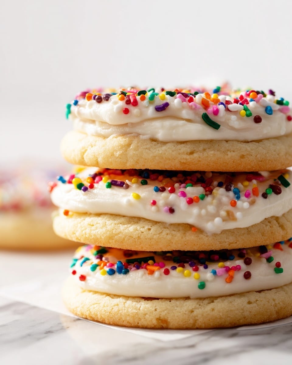 A close-up view of a single cookie on a silver wire rack over a white marbled surface, showing two layers: the bottom layer is a thick, golden-brown cookie with a soft texture, while the top layer is a smooth, white frosting spread evenly across the cookie. On top of the frosting, small round sprinkles in colors like red, green, blue, purple, yellow, and orange are scattered mostly near the edge, adding a pop of color. A few sprinkles have fallen onto the wire rack below. The background is very bright and mostly white, giving a clean and airy feel. Photo taken with an iphone --ar 4:5 --v 7
