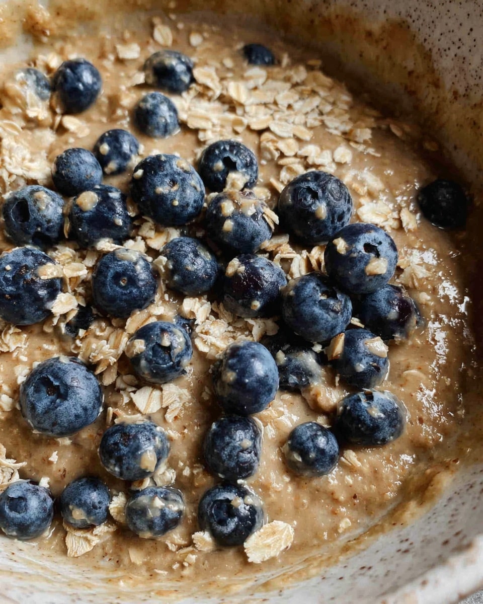 The image shows a close-up of a baked oat and blueberry dish in a white rectangular baking pan. The dish has a golden-brown oat topping with a crumbly texture, mixed with dark purple blueberries that have burst in some places, creating juicy spots. One corner of the dish is missing, revealing a moist, soft inner layer beneath the oat topping, where more blueberries are visible. The pan sits on a white marbled surface. photo taken with an iphone --ar 4:5 --v 7