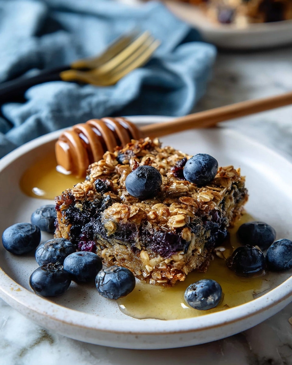 A square oatmeal bar sits on a white plate, filled with many dark blue blueberries and browned oats baked together, showing a rough and textured top. The bar looks moist with shiny blueberry pieces scattered inside. Around the plate are fresh whole blueberries adding a pop of deep blue color. A wooden honey dipper with some honey on it leans on the plate beside the bar, with honey drops shining on the plate. The plate is placed on a white marbled surface with a soft blue cloth and a gold and black fork blurred in the background. photo taken with an iphone --ar 4:5 --v 7