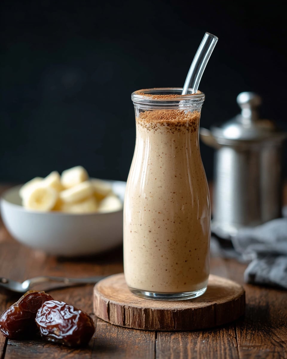 A tall clear glass bottle filled with a light brown creamy smoothie with small specks throughout, topped with a fine layer of ground cinnamon, and a clear glass straw angled outward. The bottle is set on a round wooden coaster on a rustic dark wooden surface. In the blurry background, there is a white bowl filled with pale yellow banana pieces. A couple of dried dates rest on the wooden surface near the bottle along with a metallic tea infuser. The background is a dark black color with a soft focus. Photo taken with an iphone --ar 4:5 --v 7