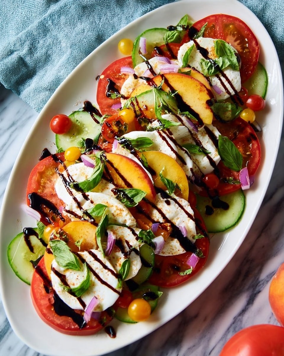 The dish is an oval white plate filled with multiple layers of round white cheese slices arranged evenly across the plate. On top and between these layers are colorful slices of yellow peach, red and yellow cherry tomatoes, pale green cucumber rounds with darker edges, and thin rings of light purple onion. Bright green mint leaves are scattered throughout the dish, adding a fresh touch. The whole dish is drizzled with thick dark balsamic glaze lines that contrast sharply with the bright ingredients. The plate sits on a white marbled surface with peaches, tomatoes, and a blue cloth nearby, adding a casual fresh atmosphere. Photo taken with an iphone --ar 4:5 --v 7