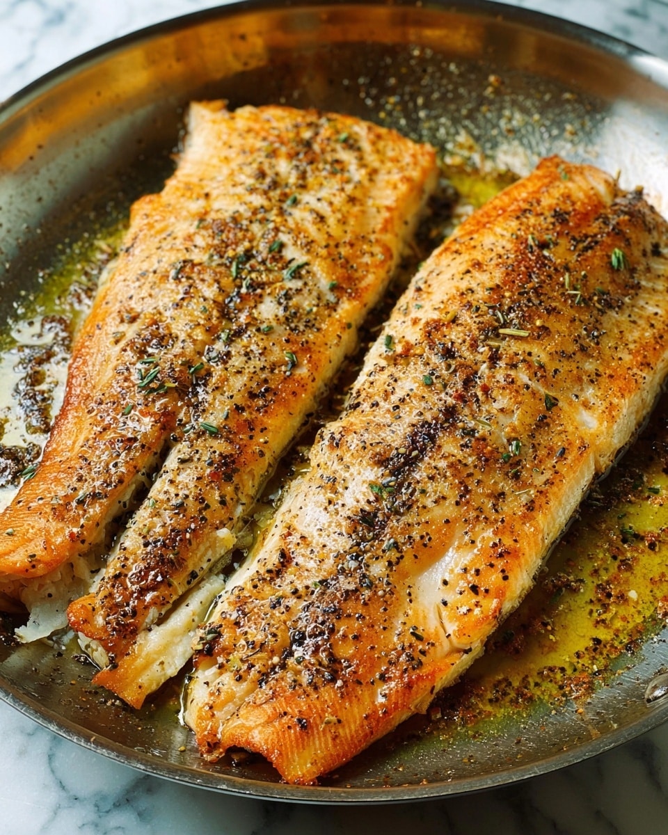 A close-up view of two long pieces of cooked fish with a golden brown color and some black pepper sprinkled on them. The fish layer is thick and flaky, with a slightly crispy texture on top. They lay side by side inside a silver round pan with some oily juices around the edges. The pan rests on a white marbled surface. The fish pieces fill most of the pan’s space, showing a simple, hearty cooked dish. photo taken with an iphone --ar 4:5 --v 7