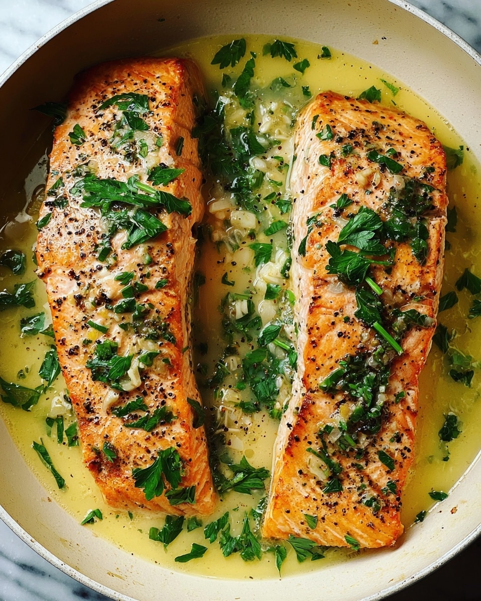 Two cooked salmon fillets with a light orange color and black pepper seasoning on top lie side by side in a white pan filled with a pale yellow sauce mixed with small green leafy herbs and chopped white garlic. The salmon pieces have some fresh green parsley scattered over them. The background is a white marbled texture. photo taken with an iphone --ar 4:5 --v 7