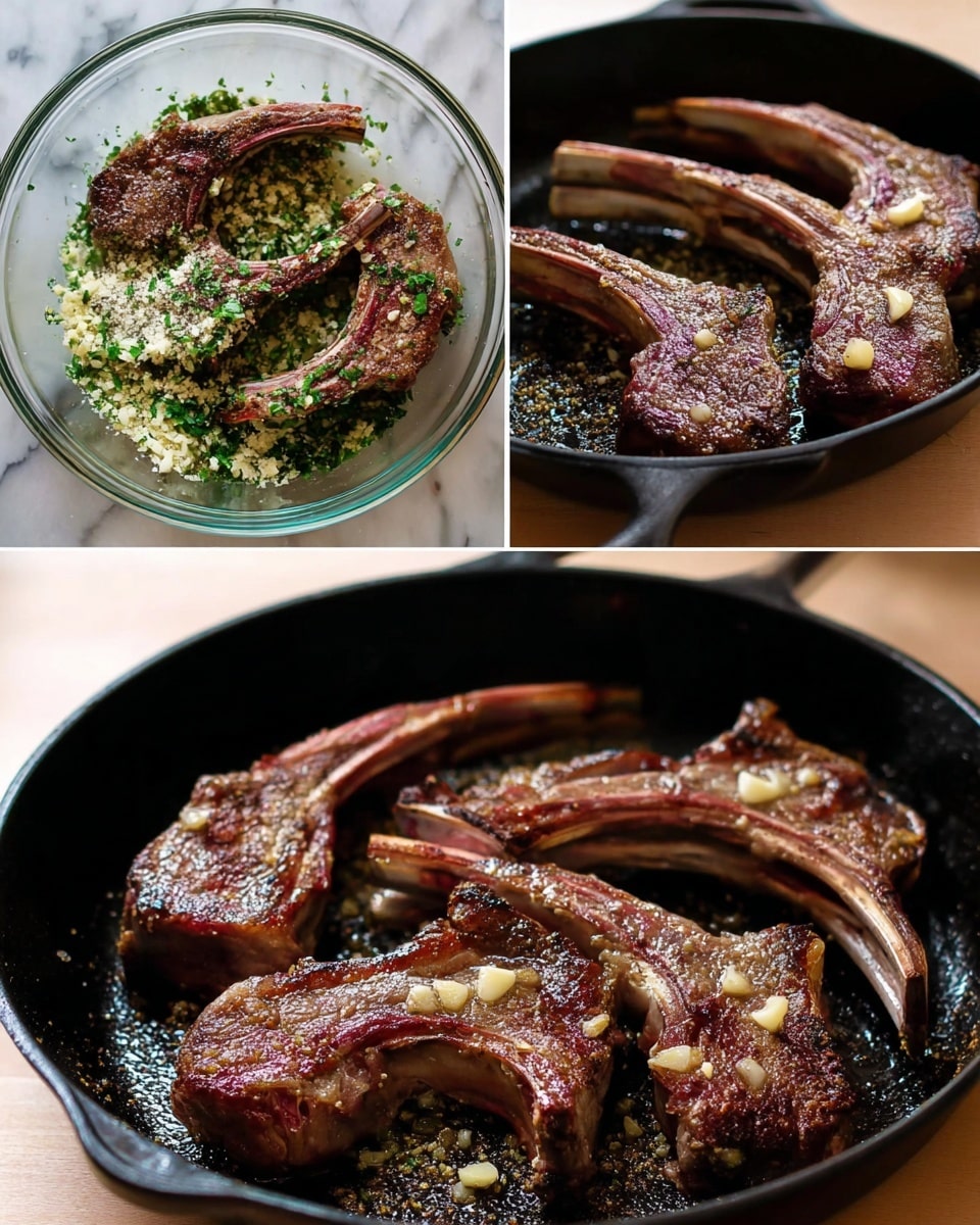 The image shows three cooking stages of lamb chops. The first part has raw lamb chops in a clear glass bowl on a white marbled surface, covered with chopped garlic and green herbs, with a coarse salt sprinkle on top. The second part shows six marinated lamb chops spread out in a black cast iron pan on a white marbled surface, with visible chopped garlic on them, slightly cooked and steaming. The third part features the same lamb chops fully cooked in the black cast iron pan, their surfaces browned and caramelized with grill marks and crispy edges. Photo taken with an iphone --ar 4:5 --v 7