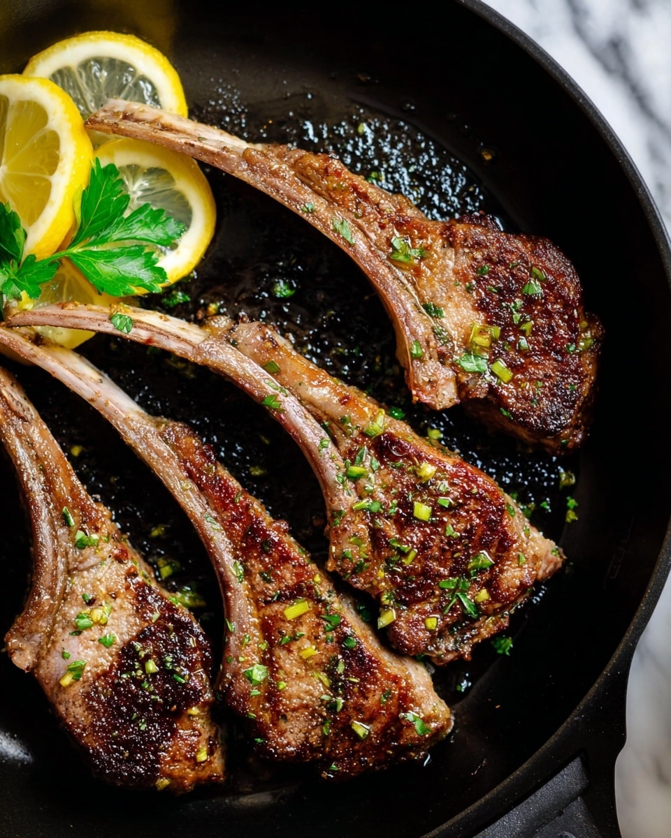 The image shows three cooked lamb chops in a black pan, each chop browned with a grilled texture and sprinkled with small green parsley pieces. The lamb chops have a light golden-brown color with some darker sear marks. In the top left corner, there are two lemon wedges with bright yellow skin and a green parsley sprig next to them. The background is a white marbled texture with the black pan surface providing contrast. photo taken with an iphone --ar 4:5 --v 7
