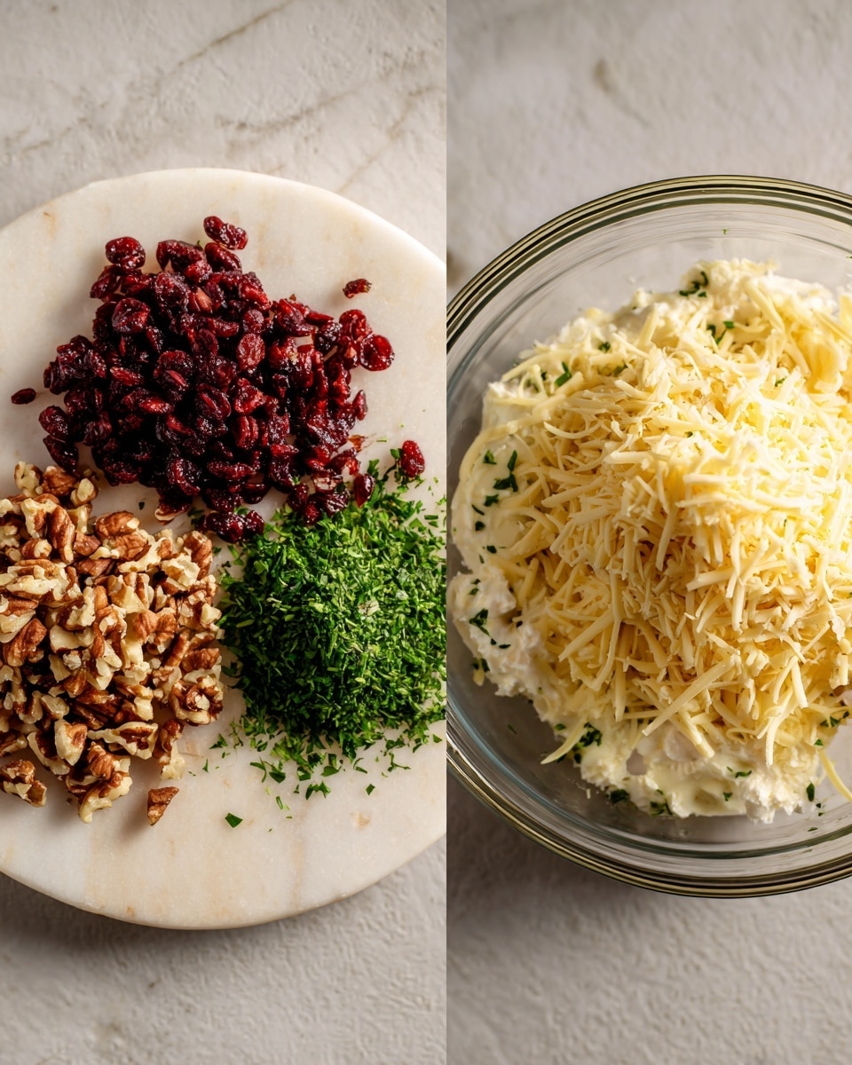 A large round cheese ball sits in the middle of a white plate on a white marbled surface. The cheese ball has a rough texture with a white creamy base layer and is coated with three visible layers on top: chopped bright green parsley and chives, dark red dried cranberries, and medium brown pecans with some green pumpkin seeds scattered all over. Around the cheese ball, golden round crackers are neatly arranged in a circular pattern, slightly overlapping each other. The colors are warm and fresh, making the dish look inviting and crunchy. Photo taken with an iphone --ar 4:5 --v 7