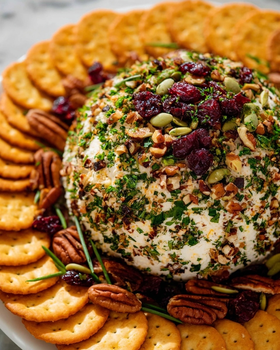 A dome-shaped cheese ball covered in chopped green herbs, red dried cranberries, and nuts like pecans and pumpkin seeds sits in the center of a white plate. Around the cheese ball, there is a circle of round golden crackers evenly spread out. Some small green herb pieces are scattered lightly on the white marbled surface around the plate, and a rosemary sprig is placed beside the crackers. The background shows soft, blurred bowls with more snacks and herbs. Photo taken with an iphone --ar 4:5 --v 7