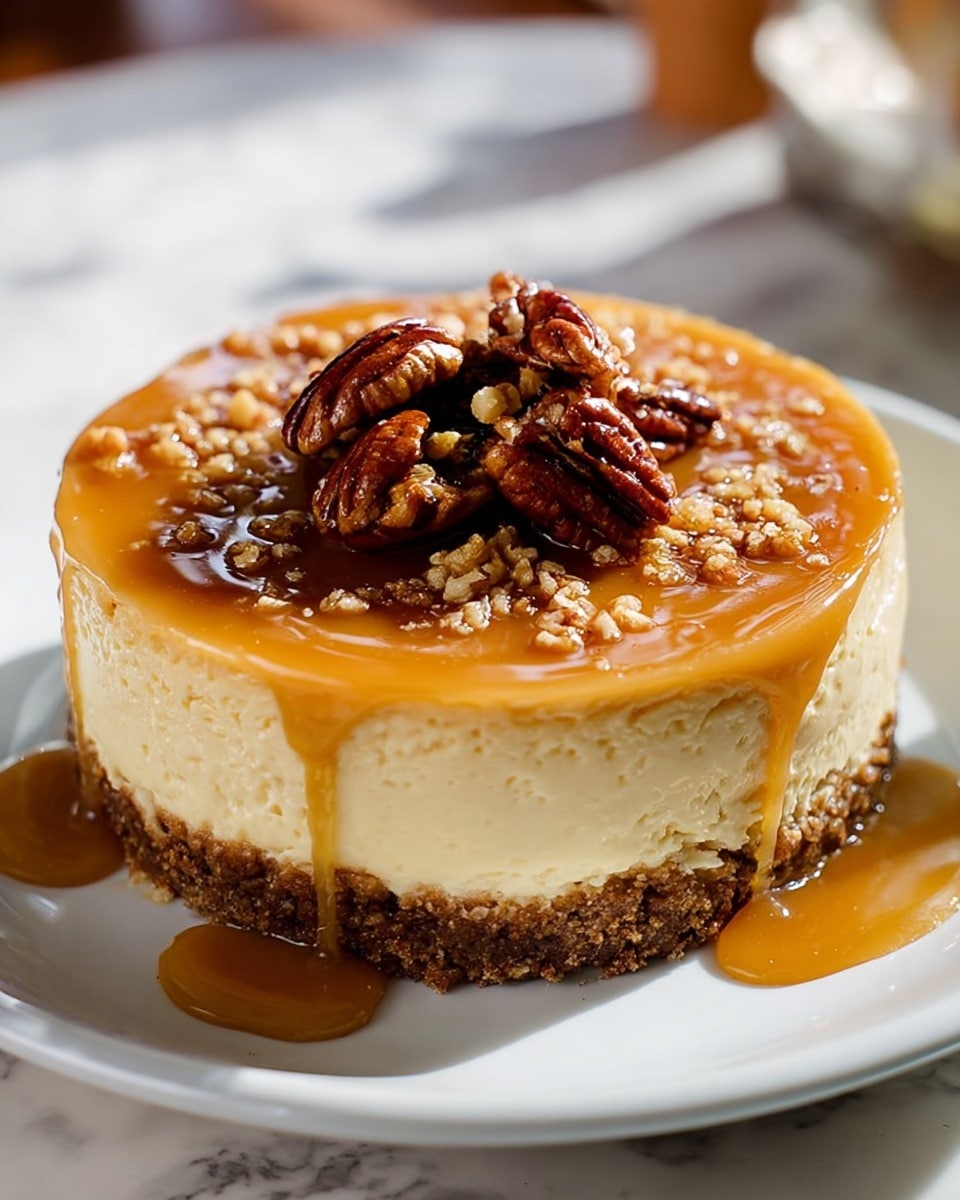 A small round cheesecake with a smooth pale yellow top layer is covered with a shiny light caramel sauce that drips slightly down the sides. On top of the caramel, there is a cluster of whole pecans that have a slightly rough and crunchy texture. The cheesecake has a light crumbly base that peeks out at the bottom edges. The dessert sits on a clean white plate placed on a white marbled surface. Photo taken with an iphone --ar 4:5 --v 7