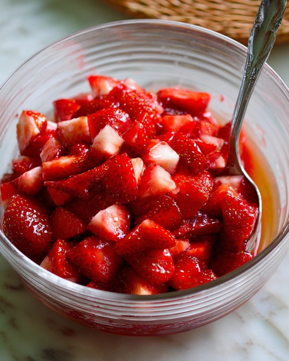 A clear glass bowl filled with many small pieces of bright red strawberries, some pieces showing a bit of soft white inside. The strawberries are wet, shiny with juice, and mixed with a little syrup that pools at the bottom of the bowl. On the right side, there is a silver spoon partially dipped in the strawberries and juice. The bowl is placed on a white marbled surface. Photo taken with an iphone --ar 4:5 --v 7