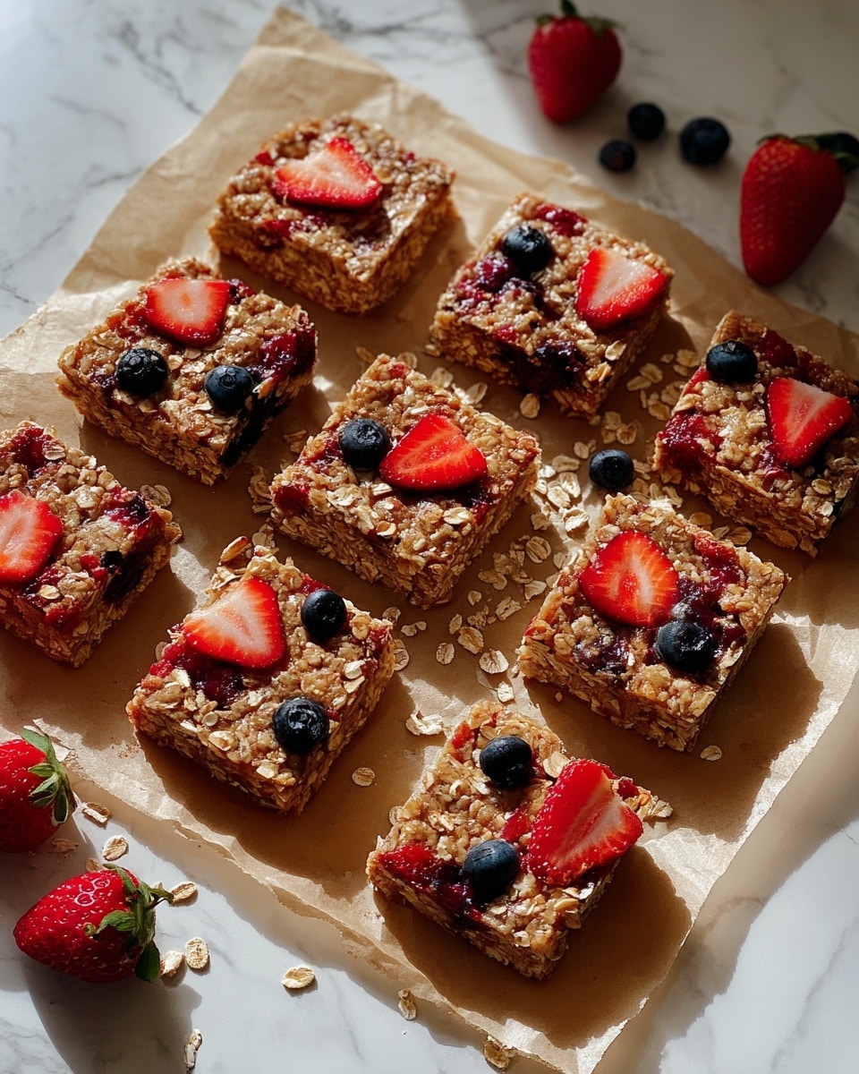 Nine square oat bars with visible slices of red strawberries and small dark blueberries are laid out on crinkled light brown parchment paper. The bars have a rough, textured surface from the oats and fruit pieces mixed throughout. Around the edges and on the paper, there are loose oats, whole strawberries, and blueberries scattered on a white marbled surface. The scene is lit softly with natural light from the side. photo taken with an iphone --ar 4:5 --v 7