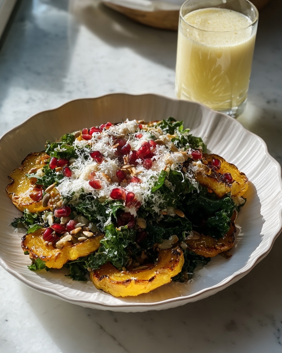 A white plate with wavy edges holds a fresh salad made of three main layers: the bottom layer is dark green kale leaves, roughly torn; on top of that, bright orange roasted pumpkin slices shaped like crescent moons are spread evenly; the top layer includes scattered red pomegranate seeds and light green pumpkin seeds. A creamy, pale dressing is drizzled over everything, adding a smooth texture that contrasts with the crunchy seeds and soft pumpkin. The plate is set on a white marbled surface, and a glass with a pale yellow drink is partially visible in the background. photo taken with an iphone --ar 4:5 --v 7