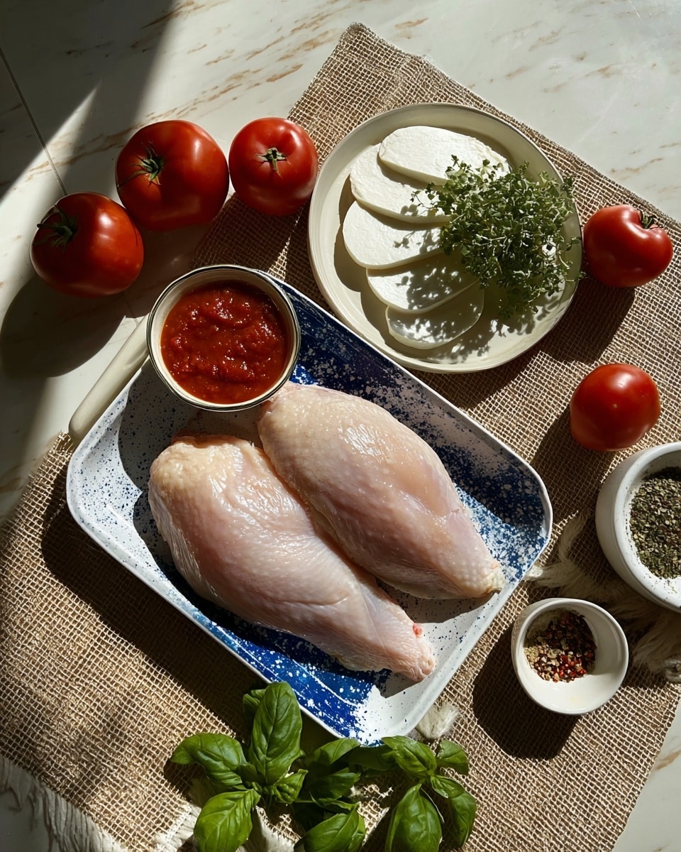The image shows two pieces of cooked chicken topped with three layers: a red tomato sauce at the bottom, a melted layer of white cheese, and small green chopped basil leaves sprinkled on top, all placed in a blue and white speckled rectangular dish. Nearby, there is a round white plate holding a small white bowl filled with chunky red tomato sauce, a small stack of round dark red pepperoni slices to the right of the bowl, and fresh green basil leaves below. The dish and plate rest on a beige checkered cloth on a white marbled surface. To the right of the plate, three whole red tomatoes with stems are resting directly on the white marbled surface, with two more tomatoes placed near the bottom edge of the image. Photo taken with an iphone --ar 4:5 --v 7