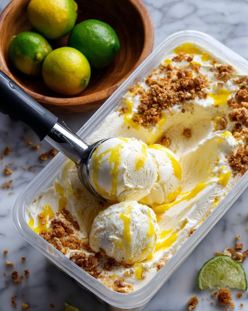 Two waffle cones filled with creamy white ice cream that has yellow swirls and small brown bits mixed in. Each cone is placed standing up inside a tall clear glass with vertical ridges, showing the waffle pattern clearly. The ice cream looks soft and melting slightly over the edges of the cones. In the background, there is a blurred wooden bowl with whole and sliced green and yellow limes on a white marbled surface. The overall scene is bright with soft lighting. photo taken with an iphone --ar 4:5 --v 7