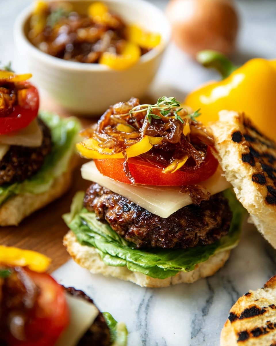 A close-up view of a burger on a wooden board, showing four main layers. The bottom layer is a soft, lightly toasted bun with a shiny golden-brown surface. On top of the bun, there is a fresh, green lettuce leaf that looks crisp. Above the lettuce, a slice of white cheese rests gently, slightly melting over the edge of a thick, dark brown grilled beef patty with char marks. The top layer features caramelized onions and orange bell pepper slices that add a glossy texture and deep color. The burger is topped with a soft, shiny golden-brown bun with light toasting marks. The background is a white marbled texture. Photo taken with an iphone --ar 4:5 --v 7