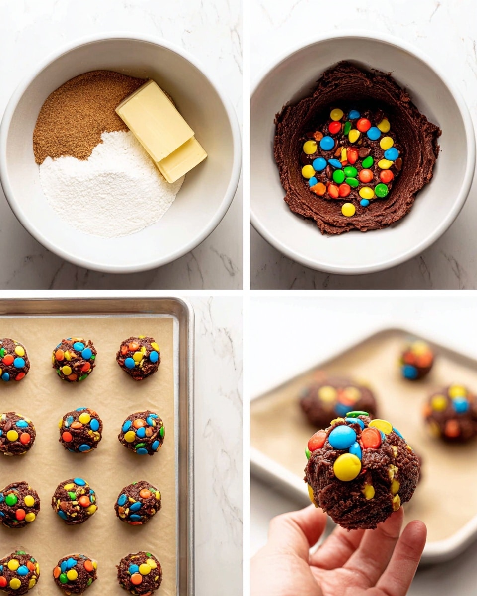The image shows a step-by-step process of making colorful chocolate cookies. The first layer is a white bowl with a mix of brown sugar, white sugar, and two sticks of butter. The second layer is the same white bowl but now with dark brown chocolate dough, with small, round colorful candy pieces being added on top. The third layer zooms into a hand holding a round ball of dough, topped with the same colorful candies. The fourth layer shows a white baking tray lined with light brown paper, and on top, there are small dark chocolate dough balls with colorful candy pieces on them, spaced out evenly. The surface beneath everything is white marbled texture, and the whole scene is bright with a clean look. Photo taken with an iphone --ar 4:5 --v 7