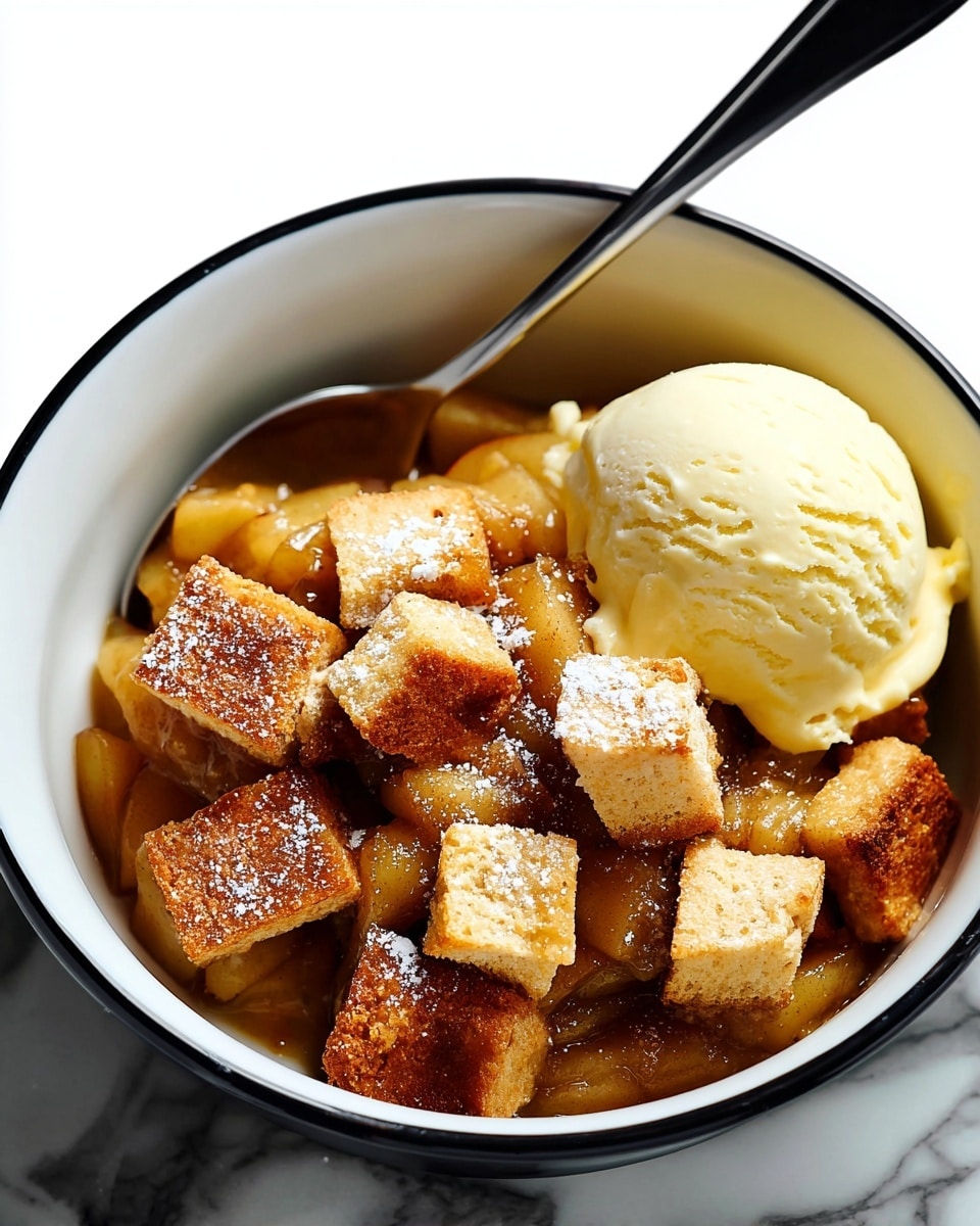 A white dish filled with golden brown small square pieces of crispy dough, lightly dusted with white powdered sugar on top, creating a slightly textured surface. Below the crispy dough layer, there are soft, cooked apple slices in a light brown sauce with visible spice flecks. A wooden spoon is partially submerged in the sauce, lifting some apple slices, with a woman's hand holding the spoon handle on the left side. The dish sits on a white marbled surface. Photo taken with an iphone --ar 4:5 --v 7