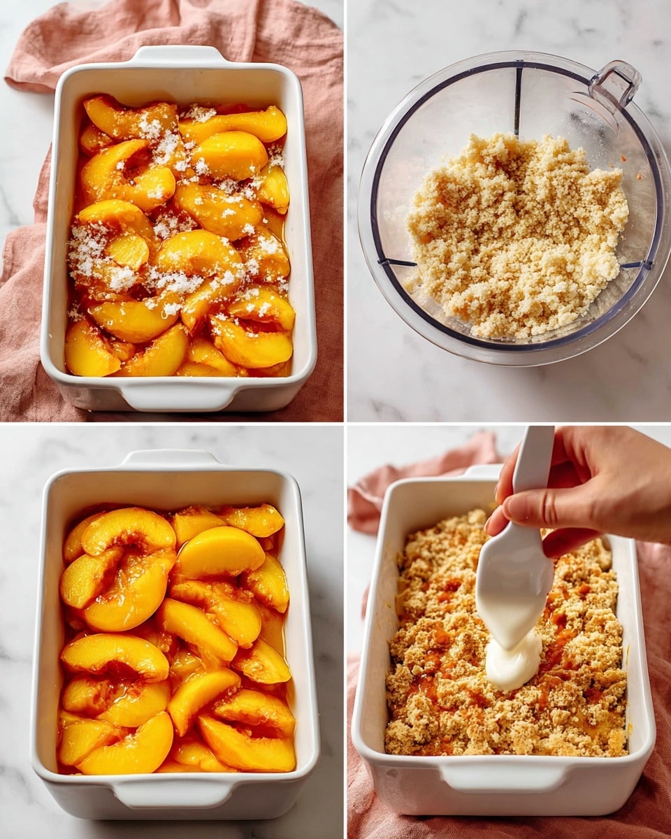 The image shows a step-by-step process of making a peach dessert. The first layer is in a white rectangular baking dish at the top left, filled with bright orange-yellow peach slices arranged flat with a sprinkle of brown sugar and white granules on top. Beside this, at the top right, there is a clear food processor bowl containing a crumbly, light beige mixture. Below the baking dish, on the bottom left, there is a close-up of the peach slices neatly spread out covering the whole dish evenly. On the bottom right, the crumbly mixture is unevenly spread over the peach slices in clusters while a woman's hand holds a white silicone brush applying a white liquid topping over the mixture. All items rest on a soft peach-colored cloth on a white marbled surface. Photo taken with an iphone --ar 4:5 --v 7