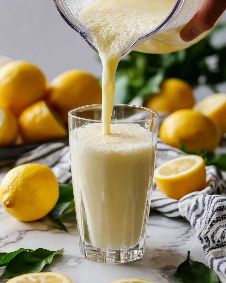 A clear glass filled with a pale yellow creamy drink sits on a metal tray with crushed ice scattered around. A yellow and white striped paper straw sticks out from the drink. A lemon wedge rests on the tray at the base of the glass. In the background, a white plate stacked with whole lemons is slightly out of focus, all set against a white marbled texture. Photo taken with an iphone --ar 4:5 --v 7