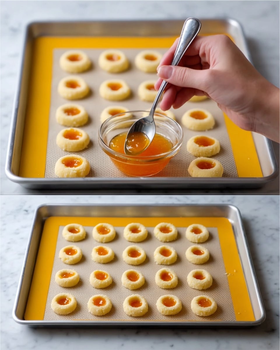 A stack of five round shortbread cookies sits in the center, each pale golden with a smooth orange jelly filling in the middle and thin white icing lines drizzled across the top. Two more cookies lie flat in front, also showing the jelly center and white icing. To the left, there are fresh yellow lemons—one whole and one cut in half—adding bright, fresh color. On the right, three lemon slices rest on a white marbled surface, enhancing the fresh look. In the background, a white bowl filled with a light brown sauce has a spoon inside, and behind it, more cookies are placed on a white plate, slightly blurred. The whole scene is set on a white marbled surface and softly lit. photo taken with an iphone --ar 4:5 --v 7