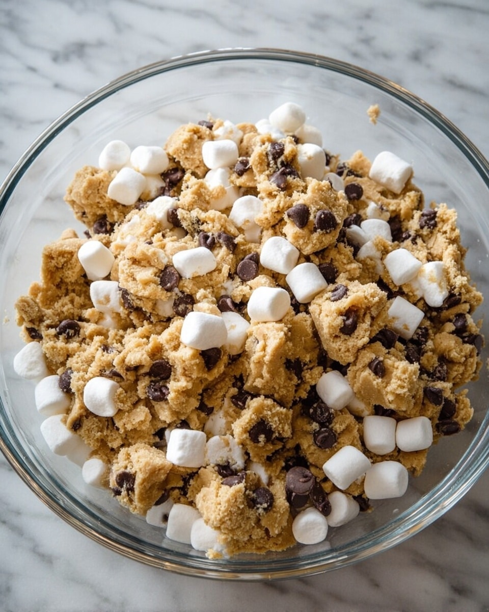 A white pan filled with a sheet of baked bars that are cut into small square pieces arranged in a 4x4 pattern. The bars have a light brown base layer that looks soft and slightly crumbly, topped with small white toasted marshmallows and chunks of melted milk chocolate distributed unevenly on the surface. A woman's hand is holding one square piece close to the camera showing its layers clearly with the melted chocolate on top and the soft brown base. The background is a white marbled texture. photo taken with an iphone --ar 4:5 --v 7