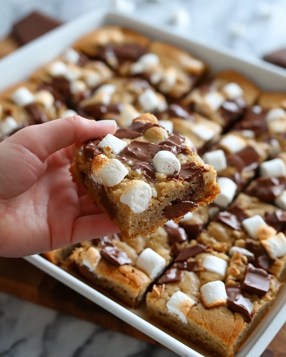 Three square slices of golden-brown cookie bars are stacked slightly uneven on a white plate. The top layer of each bar is soft and lightly crisp, with melted milk chocolate chunks spread unevenly across it, and small bits of white marshmallows peeking out. The middle layer shows gooey melted dark chocolate embedded in the cookie dough, with hints of melted marshmallows adding texture. The base layer is a well-baked cookie crust in a light golden color. In the blurred background, there is a partially open Hershey's chocolate bar, small white marshmallows, a white bowl filled with marshmallows, and a glass bowl with chocolate chips, all set on a wooden surface replaced here by a white marbled texture. Photo taken with an iphone --ar 4:5 --v 7