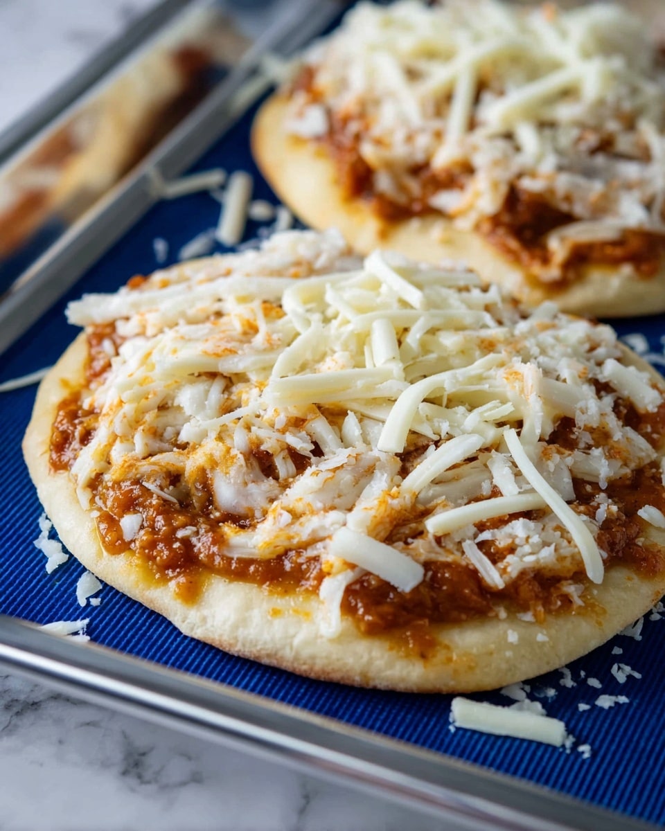 The image shows a close-up of a small pizza cut into slices, placed on a wooden board over a white marbled surface. The pizza has one thick golden-brown crust layer at the base. Above the crust is a bright orange sauce layer spread unevenly, topped by a generous amount of melted white cheese that looks soft and slightly stretchy. Scattered green cilantro leaves add a fresh touch on top, and some red onion pieces are visible under the cheese. The pizza looks hot and fresh, with some cheese melting over the edges of the crust. Photo taken with an iphone --ar 4:5 --v 7