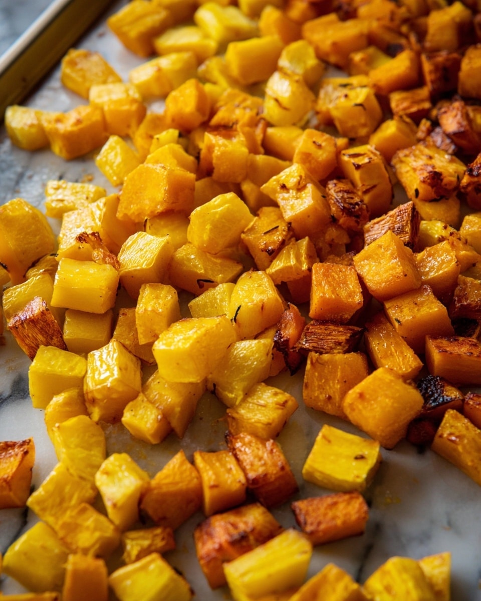 Close-up of many small roasted orange and yellow cubes scattered on a flat white marbled surface, some pieces showing slight browning and caramelized edges, giving a warm, textured appearance throughout the spread; the cubes vary slightly in size and color, with a mix of brighter yellow and deeper orange tones, all resting flat and covering much of the visible space photo taken with an iphone --ar 4:5 --v 7