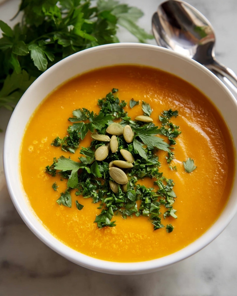 A white bowl filled with smooth, bright orange soup sits on a dark blue cloth with white polka dots over a white marbled surface. The soup has a few pumpkin seeds and fresh green parsley leaves sprinkled in the center as garnish. In the background, blurry green parsley leaves add a fresh touch. Photo taken with an iphone --ar 4:5 --v 7