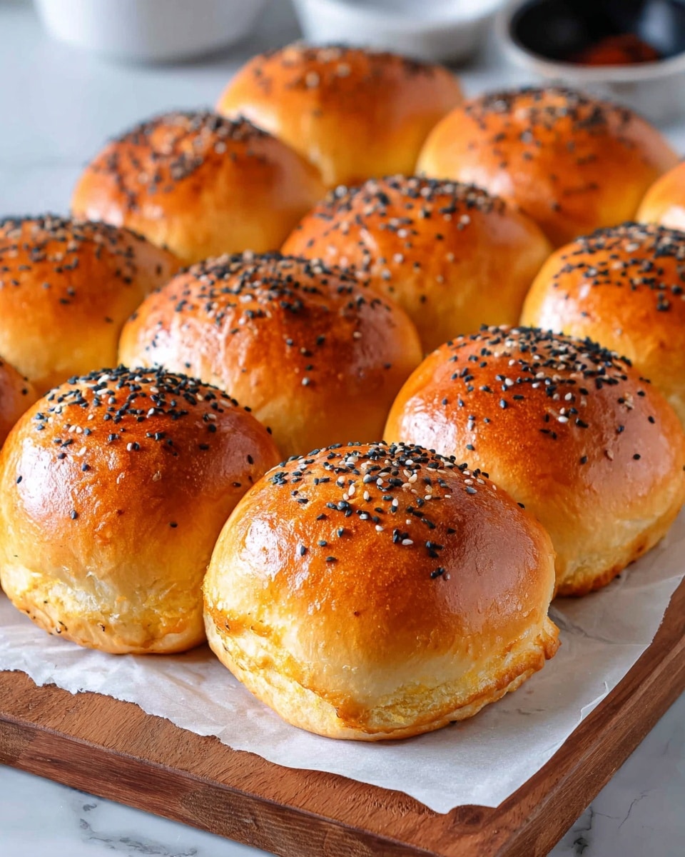 The image shows a group of 15 shiny golden brown buns closely arranged in three rows on a white parchment paper over a wooden board. Each bun is round with a smooth, shiny top and sprinkled evenly with small black seeds. The buns have a soft, fluffy texture with a slight gloss on their surface, and the edges touch each other lightly, suggesting freshness and softness. The background is a white marbled texture. Photo taken with an iphone --ar 4:5 --v 7