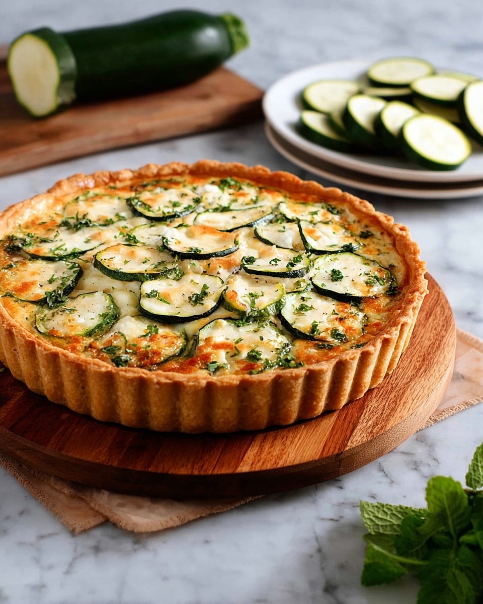 A round tart with a golden brown crust forms the base layer, holding a creamy, light yellow filling with browned spots on top. Large white and green slices of zucchini are evenly placed across the surface, slightly overlapping each other, creating a pattern of circles with dark green edges. Small pieces of green herbs are sprinkled over the zucchini and filling. A fresh sprig of green mint leaves is placed in the center of the tart. The tart is set on a white marbled surface with a gray cloth partially visible in the corner. photo taken with an iphone --ar 4:5 --v 7