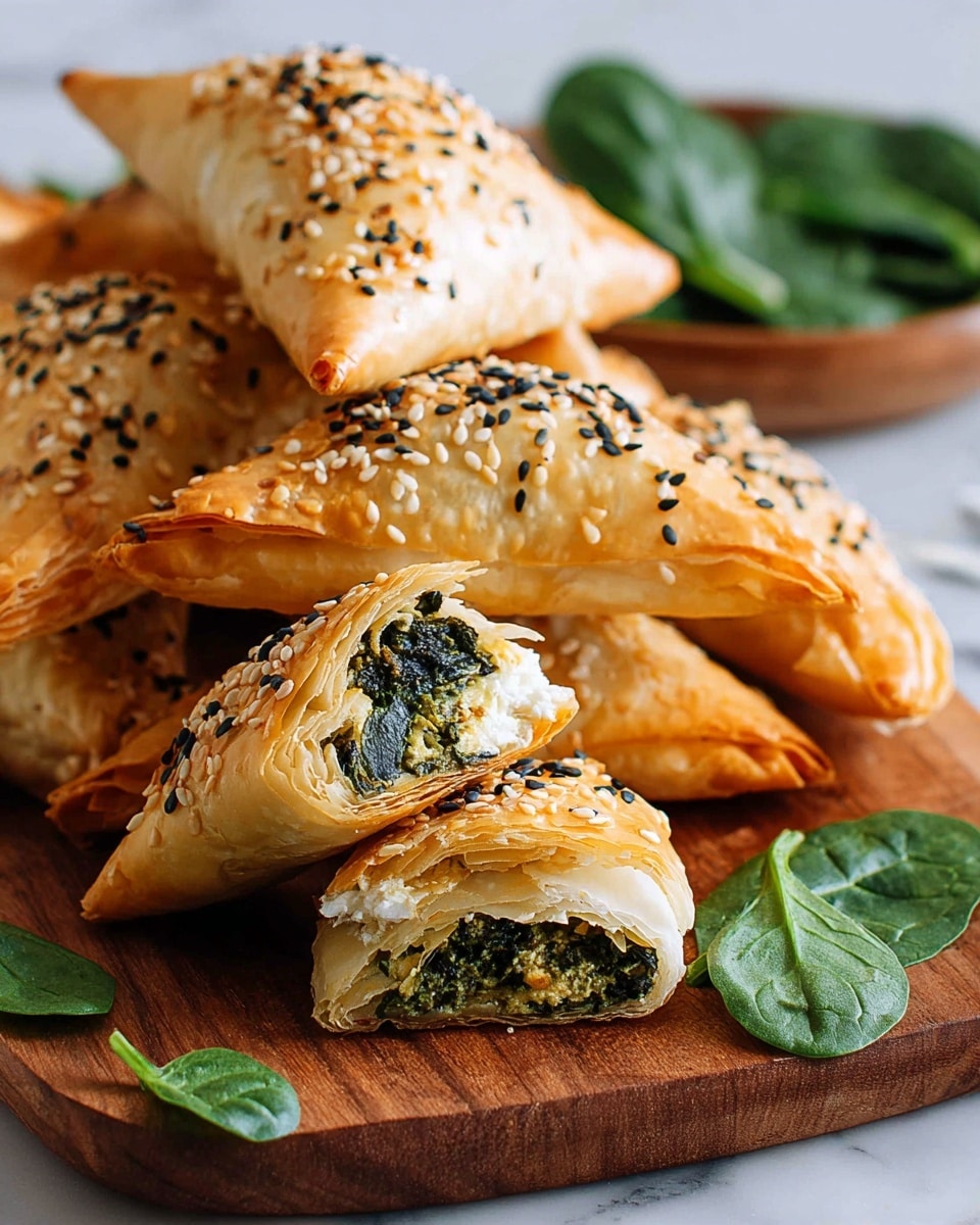 A pile of golden brown triangular pastries with crisp, flaky layers are stacked casually on a wooden board. Each triangle is topped with a mix of black and white sesame seeds. One pastry is broken open, revealing a dark green spinach and white cheese filling inside. Fresh green spinach leaves are scattered around the pastries. The scene is set on a white marbled surface. Photo taken with an iphone --ar 4:5 --v 7