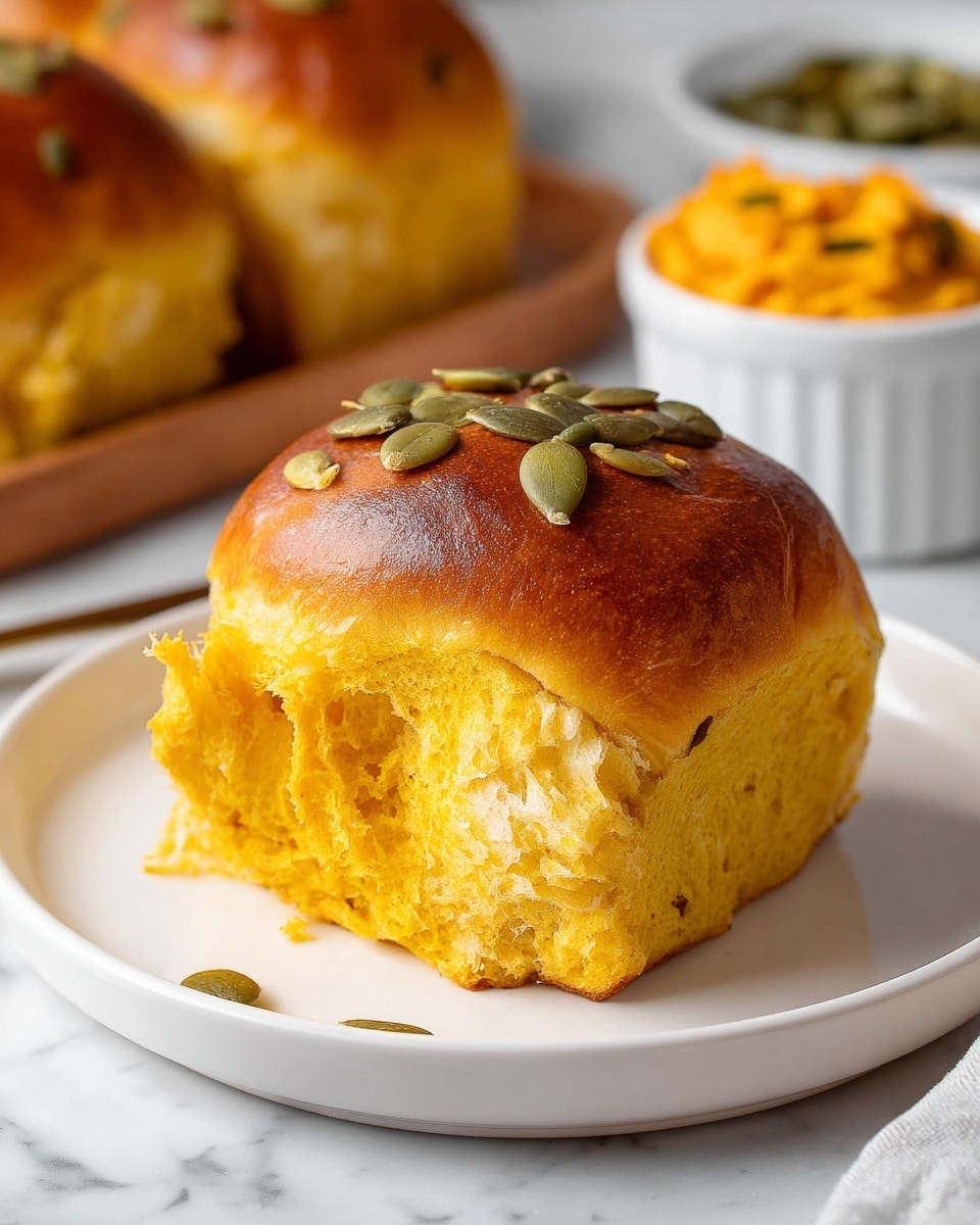 A single fluffy, golden orange bread roll sits on a white plate with a smooth surface. The top of the roll is a rich golden brown with a slight shine, and it is decorated with a few green pumpkin seeds. The roll looks soft and airy on the inside, revealing a light and spongy texture where a piece has been pulled away. The background features a white marbled texture with blurred orange spread in a white ramekin and other rolls in the distance. photo taken with an iphone --ar 4:5 --v 7