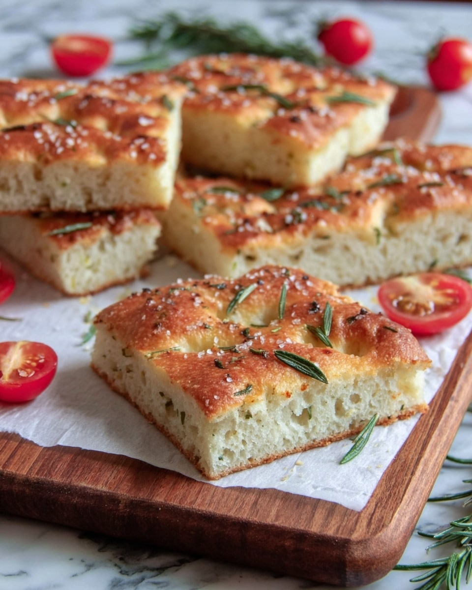 The image shows four rectangular pieces of focaccia bread with a golden brown top layer sprinkled with coarse salt and small green rosemary leaves. Each piece has a light and fluffy white inside layer that is thick and soft. The bread pieces are placed on white parchment paper on a wooden board, with some rosemary sprigs and halved cherry tomatoes scattered around. The background is a white marbled texture. Photo taken with an iphone --ar 4:5 --v 7