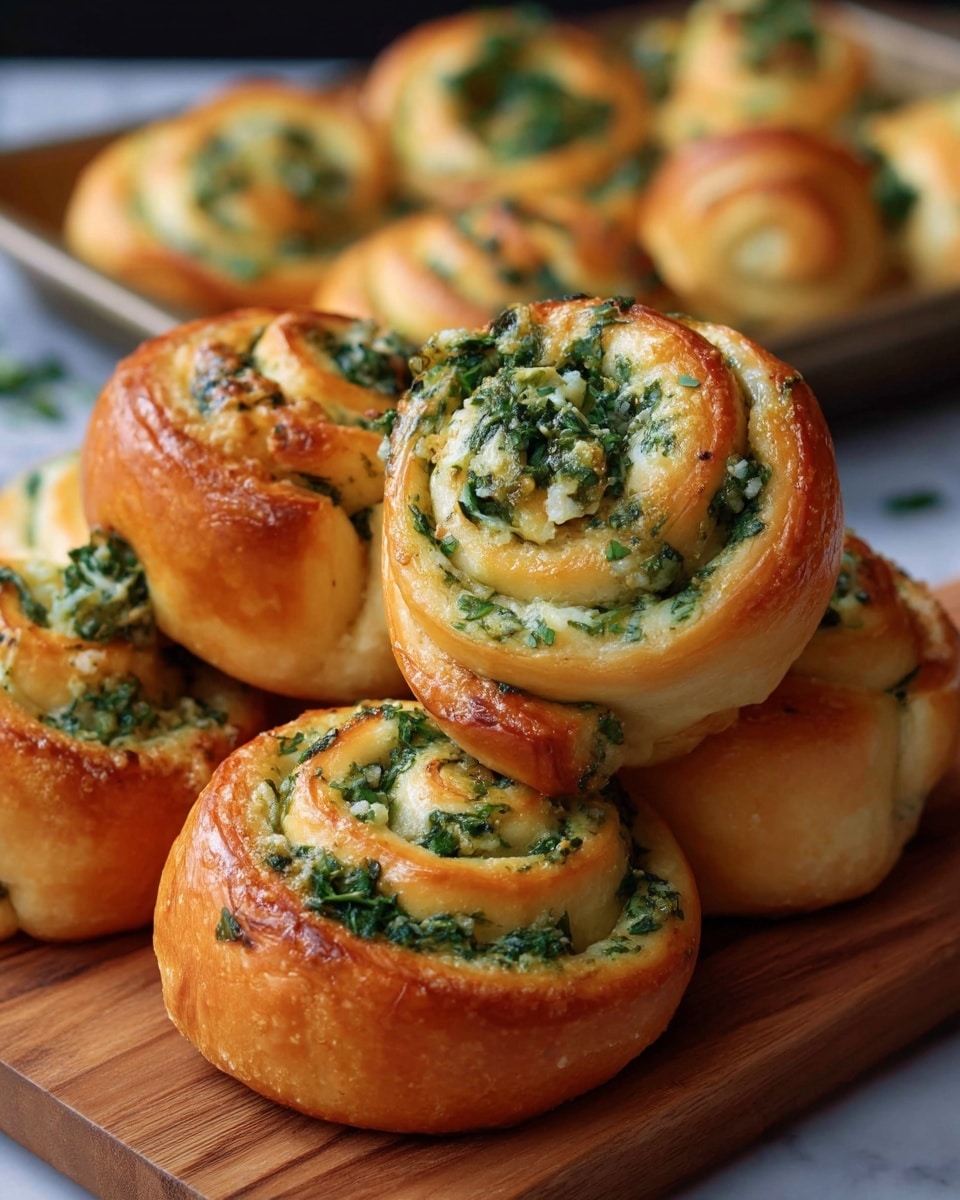 The image shows a close-up of several golden-brown spiral rolls with a bright green herb and cheese filling swirled through two visible layers of soft dough. The rolls are fluffy and shiny with a slight crispness on the outer edges where the dough is browned. They rest on top of a wooden board, stacked casually, with more rolls visible in the blurry background on a baking tray. The texture looks smooth and slightly glossy on the dough, while the filling is unevenly spread with finely chopped green herbs giving a fresh, slightly rough look. The scene is set on a white marbled surface. photo taken with an iphone --ar 4:5 --v 7