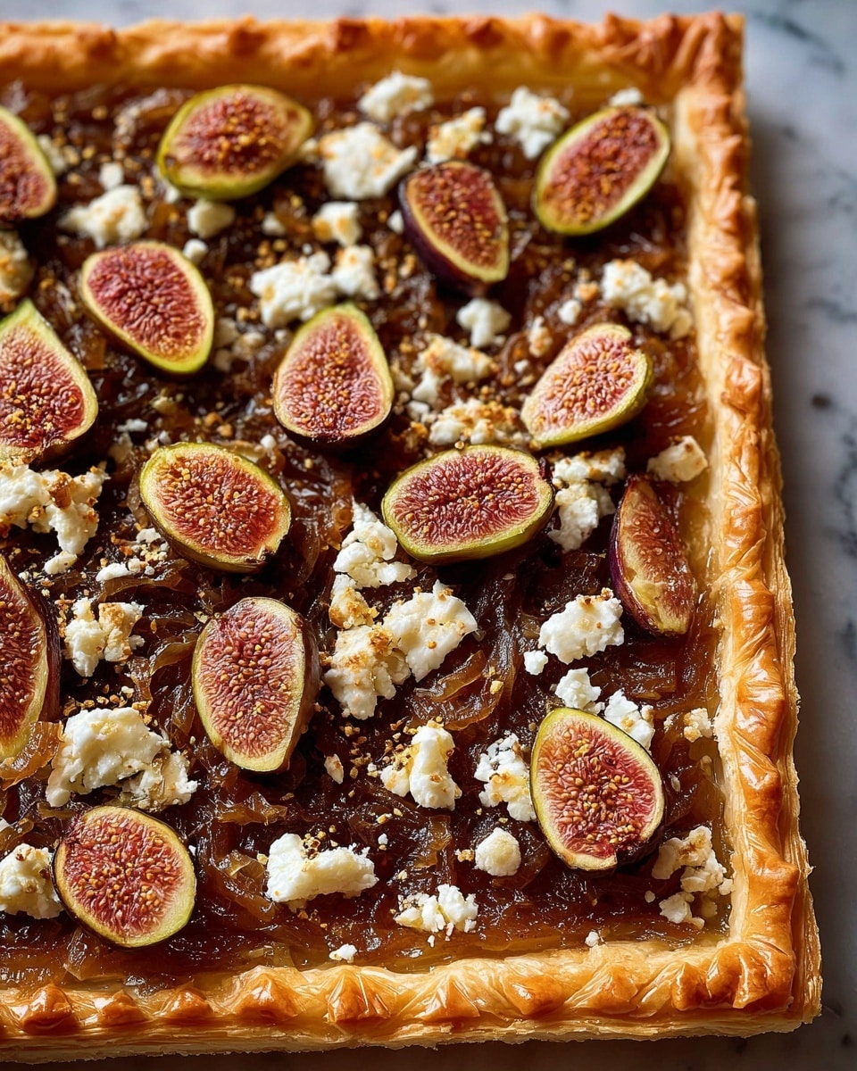 A rectangular tart is cut into nine pieces and placed on a white marbled surface. The base layer is a golden brown, crispy puff pastry with slightly raised edges. On top is a thick layer of soft, caramel-colored cooked onions that look tender and glossy. Scattered above the onions are halved figs showing deep red interiors with tiny seeds and greenish-yellow skin edges. Small chunks of white cheese are unevenly strewn across the tart, adding texture and contrast. The tart looks freshly baked with a shiny, slightly crisp surface photo taken with an iphone --ar 4:5 --v 7