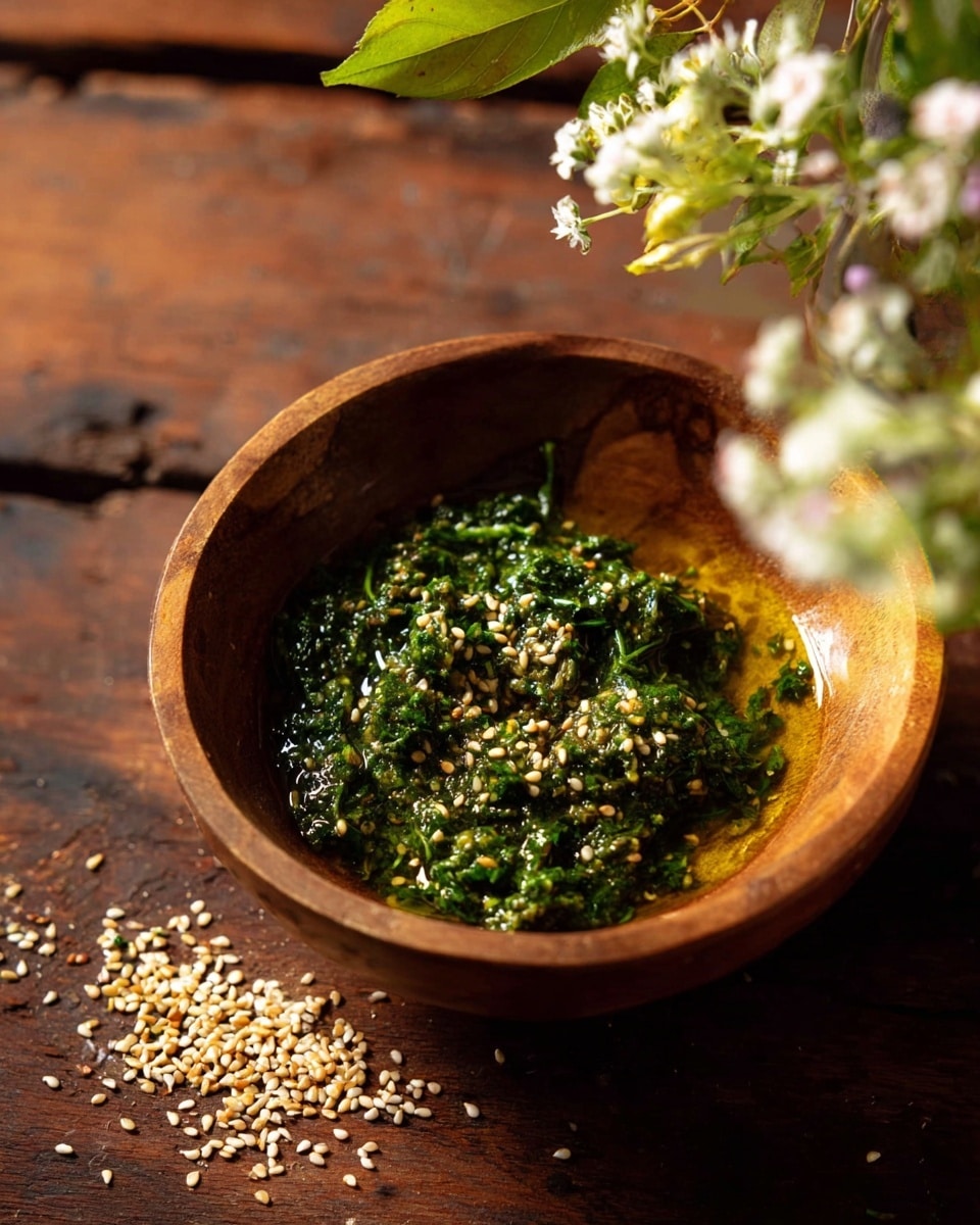 A wooden bowl filled with a green leafy paste, slightly oily with loose golden oil around the edges, topped in the center with scattered white and black sesame seeds. The bowl sits on a dark wooden surface with some sesame seeds spilled nearby. In the upper right, blurred white flowers and green stems are partially visible, softly framing the scene. photo taken with an iphone --ar 4:5 --v 7